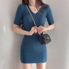 Short-sleeve V-neck Ribbed Knit Dress