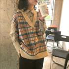 Plaid Loose-fit Knit Vest / Striped Long-sleeve Shirt