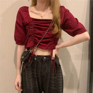 Plain Square-neck Drawstring Short-sleeve Blouse