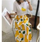 Set: Short-sleeve Lemon Print T-shirt + Midi A-line Skirt