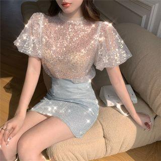 Puff-sleeve Mesh Top / A-line Skirt