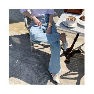 Belted Washed Wide-leg Jeans Light Blue - M