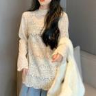 Plain Perforated Long-sleeve Lace Top Almond - One Size