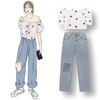 Short-sleeve Strawberry Embroidered Blouse / Washed Ripped Straight-cut Jeans