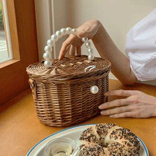 Pearly Rattan Basket Hand Bag Brown - One Size