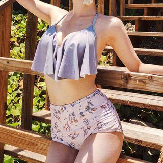 Set: Halter-neck Ruffle Bikini Top + High-waist Floral Bottom