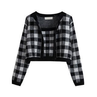 Set: Check Knit Cardigan + Crop Camisole