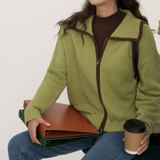 Contrast Trim Lapel Zip Knit Cardigan