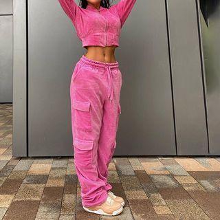 Long Sleeve Velvet Crop Zip-up Hooded Jacket / Drawstring Sweatpants