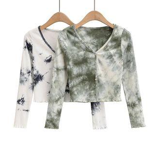Long-sleeve Tie Neck Button Knit Top