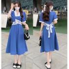 Short-sleeve Frilled Embroidered Midi Dress Blue - One Size