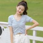 Plain Short-sleeve Button Shirred Cropped T-shirt Light Blue - One Size