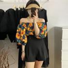 Puff-sleeve Floral Blouse / High Waist Shorts