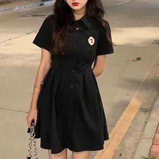 Short-sleeve Plain Perforated Lace Up Shirt Dress Black - One Size