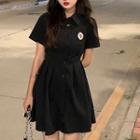 Short-sleeve Plain Perforated Lace Up Shirt Dress Black - One Size