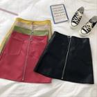 Plain Double-pocket Zip Faux Leather High-waist Skirt