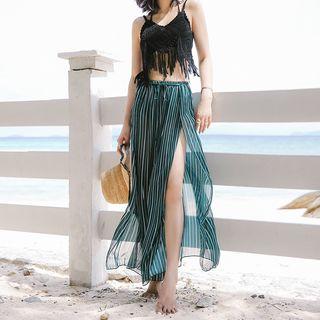 Set: Halter Bikini + Fringed Hem Cover-up + Striped Wide-leg Pants