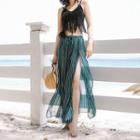Set: Halter Bikini + Fringed Hem Cover-up + Striped Wide-leg Pants