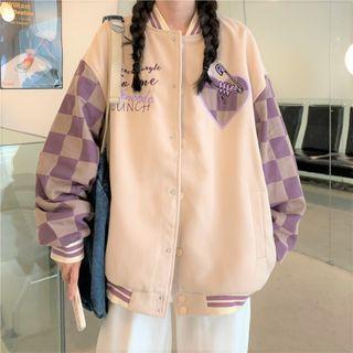 Checkered Panel Lettering Baseball Jacket
