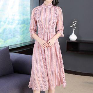 Striped Elbow-sleeve Midi Chiffon Dress