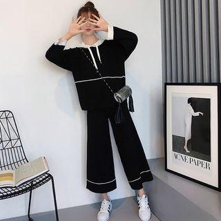 Set: Two-tone Hooded Sweater + Wide-leg Pants