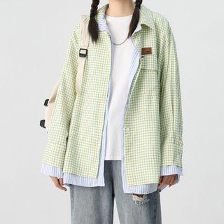 Mock Two-piece Plaid Shirt Plaid - Blue & Greenish Yellow & White - One Size