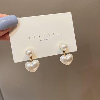 Faux Pearl Heart Drop Earring 1 Pair - Stud Earring - S925 Silver Needle - White - One Size