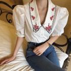 Embroidered Puff-sleeve Blouse White - One Size