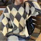 Long-sleeve Plaid Knit Sweater Gray - One Size