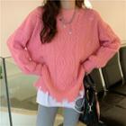 Round-neck Frayed Cable Knit Long-sleeve Sweater
