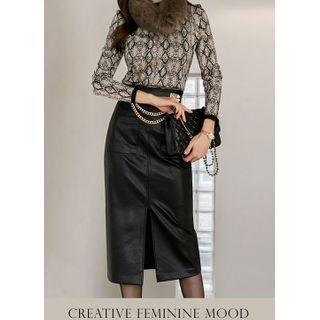 Slit Patch-pocket Midi Pleather Skirt