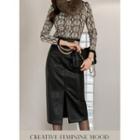Slit Patch-pocket Midi Pleather Skirt