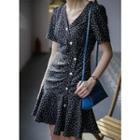 Short-sleeve Buttoned Dotted A-line Dress