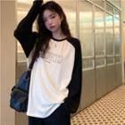 Long-sleeve Lettering Raglan T-shirt T-shirt - Panel - Black & White - One Size