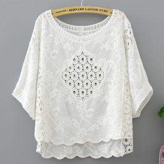 3/4-sleeve Perforated Top White - One Size