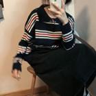 Long-sleeve Striped Polo Knit Top As Shown In Figure - One Size