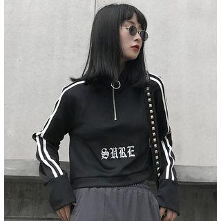Zipper High-neck Embroidered Crop Pullover