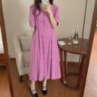 Elbow-sleeve V-neck Button-up Midi A-line Dress
