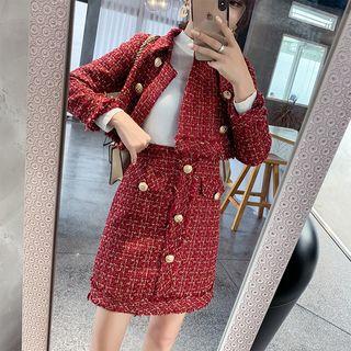 Set: Double Breasted Tweed Jacket + A-line Skirt