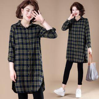 Plaid Lapel Medium Long Shirt