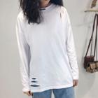 Long-sleeve Embroidered Ripped T-shirt White - One Size