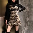 Leopard Mock-two Piece Long-sleeve A-line Dress