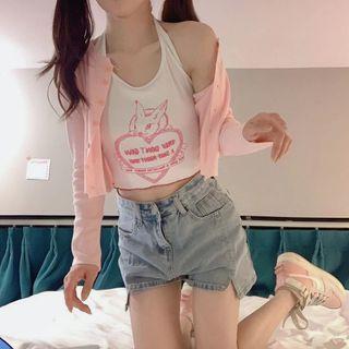Long-sleeve Plain Cardigan / Printed Halter-neck Tank Top / Denim Shorts