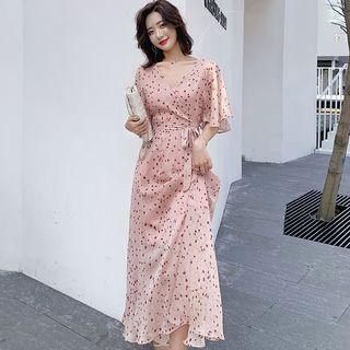 Floral Print Flutter-sleeve A-line Midi Chiffon Dress