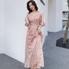 Floral Print Flutter-sleeve A-line Midi Chiffon Dress