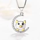 925 Sterling Silver Rhinestone Moon & Pig Pendant Necklace Pendant Only - Silver & Gold - One Size