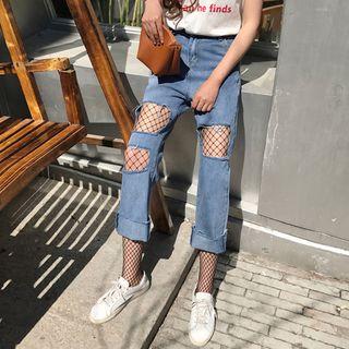 Straight-fit Cropped Ripped Jeans