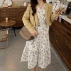 Long-sleeve Floral Midi A-line Dress / Cropped Blazer