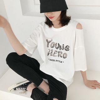 Elbow-sleeve Cold Shoulder Lettering Sequined T-shirt