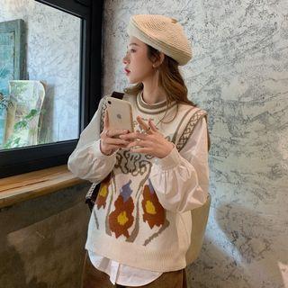 Long-sleeve Blouse / Floral Sweater Vest